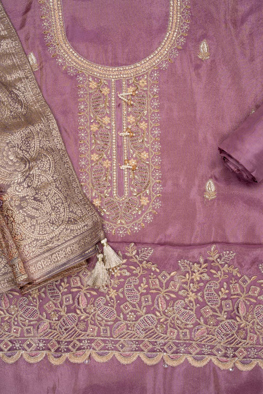 Delicate And Dreamy Mauve Shimmer Unstitched Salwar Suit With Dola Dupatta