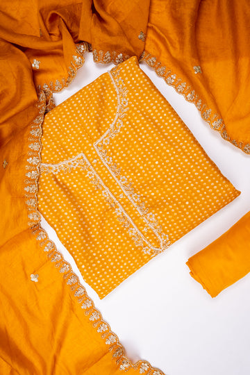 Mustard Dola Unstitched Salwar Suit With Cotton Dupatta