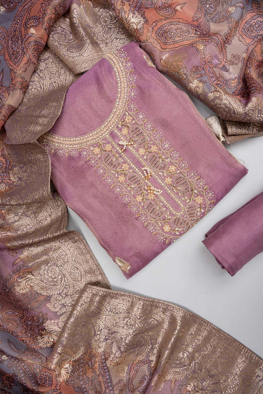 Delicate And Dreamy Mauve Shimmer Unstitched Salwar Suit With Dola Dupatta