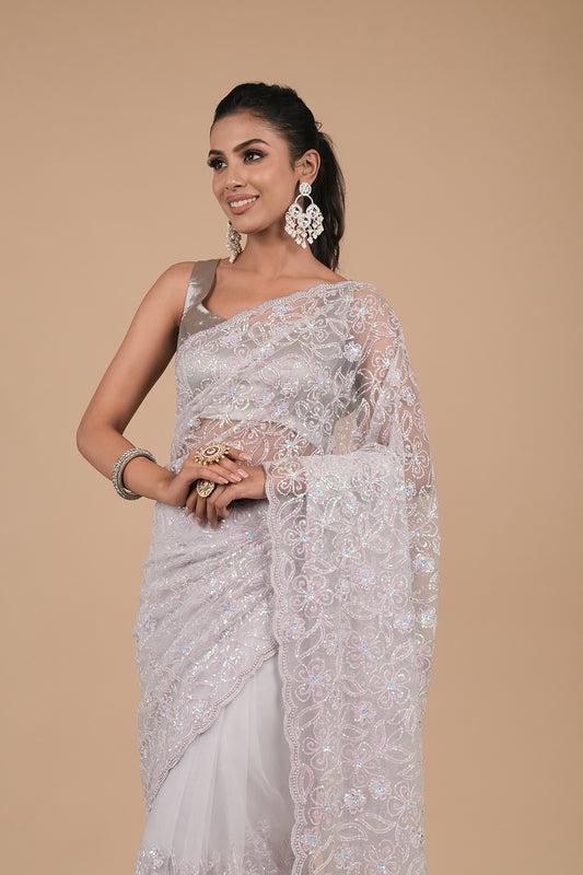 Ash.grey Sequence & Threadwork, Embroidered Net Saree With Unstitched Blouse