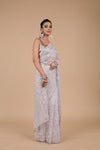 Ash.grey Sequence & Threadwork, Embroidered Net Saree With Unstitched Blouse