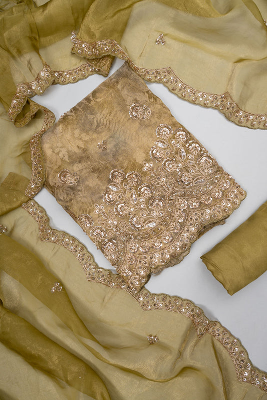 Soft Heritage Pista Shimmer Unstitched Salwar Suit With Organza Dupatta