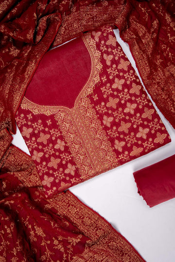 Maroon Cotton Unstitched Salwar Suit With Cotton Dupatta