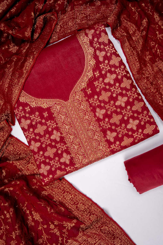 Maroon Cotton Unstitched Salwar Suit With Cotton Dupatta