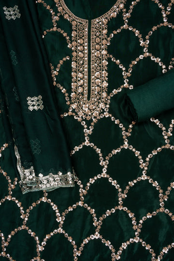 Regal Charm Bottle Green Organza Unstitched Salwar Suit With Organza Dupatta
