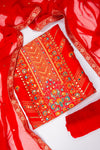 Red Cotton Unstitched Salwar Suit With Chiffon Dupatta