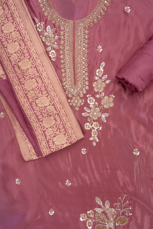 Charm Dark Gajari Organza Unstitched Salwar Suit With Dola Dupatta