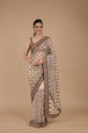 Olive Sequence, Zari Work & Threadwork, Embroidered Saree With Unstitched Blouse