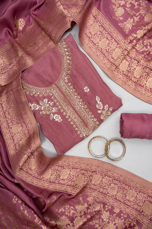 Charm Dark Gajari Organza Unstitched Salwar Suit With Dola Dupatta