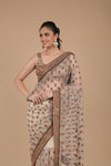 Olive Sequence, Zari Work & Threadwork, Embroidered Saree With Unstitched Blouse