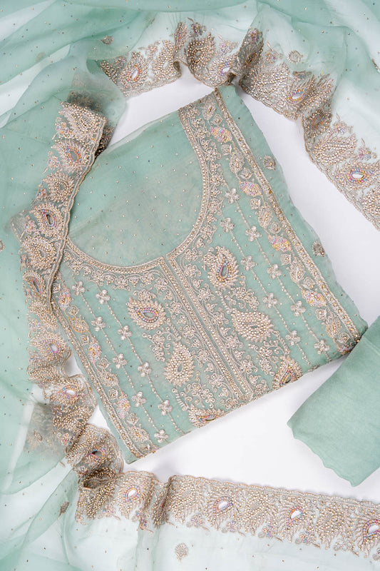 Tea Green Organza Unstitched Salwar Suit With Organza Dupatta