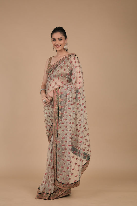 Olive Sequence, Zari Work & Threadwork, Embroidered Saree With Unstitched Blouse