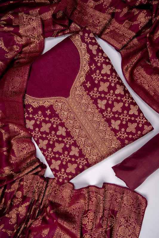 Garnet Cotton Unstitched Salwar Suit With Cotton Dupatta