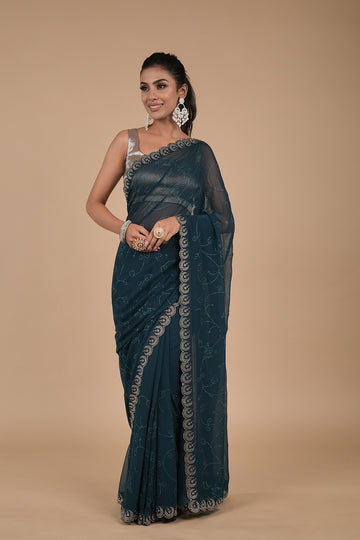 Peacock Swarovski Embroidered Georgette Saree With Unstitched Blouse