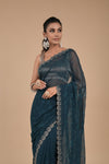 Peacock Swarovski Embroidered Georgette Saree With Unstitched Blouse