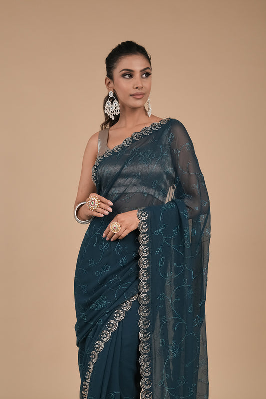 Peacock Swarovski Embroidered Georgette Saree With Unstitched Blouse