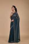 Peacock Swarovski Embroidered Georgette Saree With Unstitched Blouse