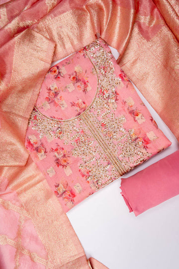 Pink Cotton Unstitched Salwar Suit With Cotton Dupatta