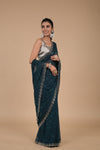 Peacock Swarovski Embroidered Georgette Saree With Unstitched Blouse