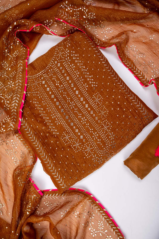 Brown Shimmer Unstitched Salwar Suit With Shimmer Dupatta