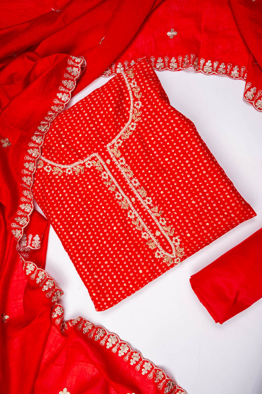 Red Dola Unstitched Salwar Suit With Cotton Dupatta