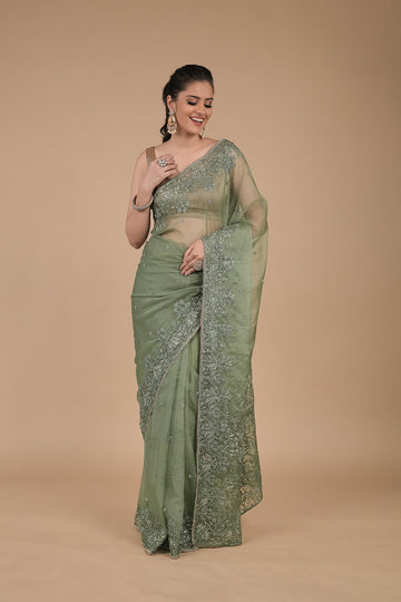 Pista Zari Thread, Bead, Sequence, & Threadwork, Embroidered Organza Saree With Unstitched Blouse