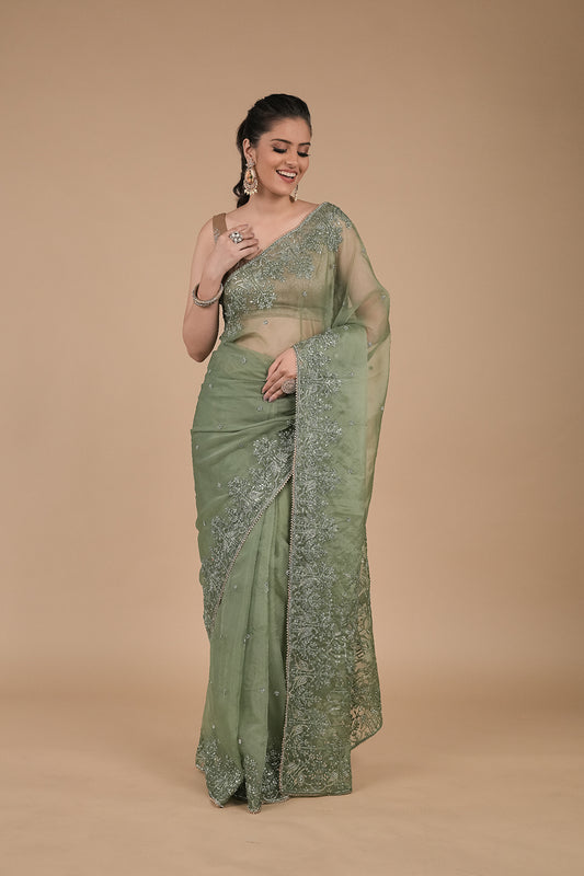 Pista Zari Thread, Bead, Sequence, & Threadwork, Embroidered Organza Saree With Unstitched Blouse