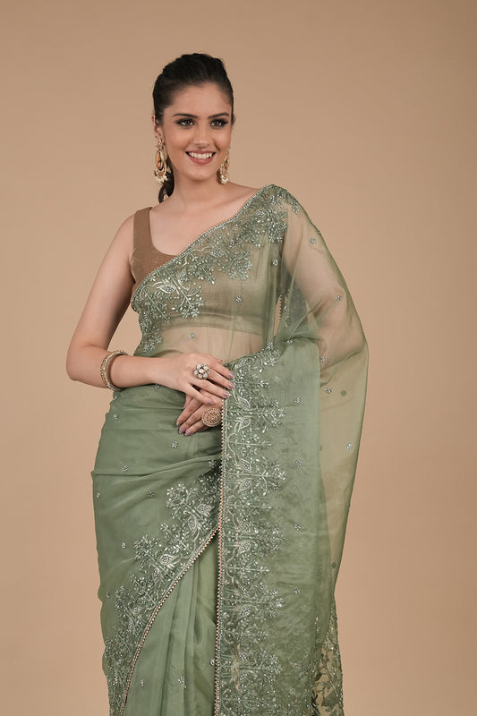 Pista Zari Thread, Bead, Sequence, & Threadwork, Embroidered Organza Saree With Unstitched Blouse