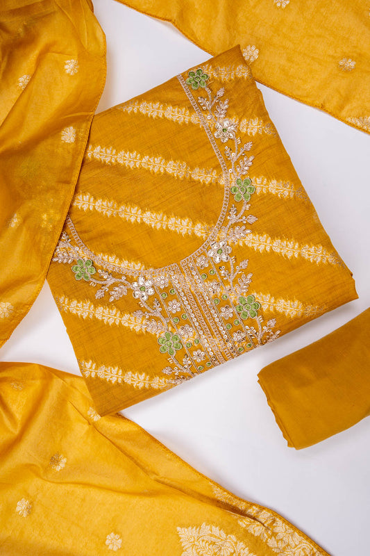 Mustard Cotton Unstitched Salwar Suit With Cotton Dupatta