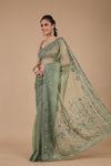 Pista Zari Thread, Bead, Sequence, & Threadwork, Embroidered Organza Saree With Unstitched Blouse