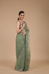 Pista Zari Thread, Bead, Sequence, & Threadwork, Embroidered Organza Saree With Unstitched Blouse