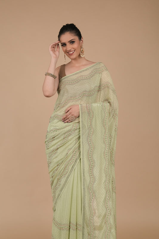 Pista Embroidered Swarovski & Beadwork Chinon Saree with Unstitched Blouse