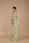 Pista Embroidered Swarovski & Beadwork Chinon Saree with Unstitched Blouse