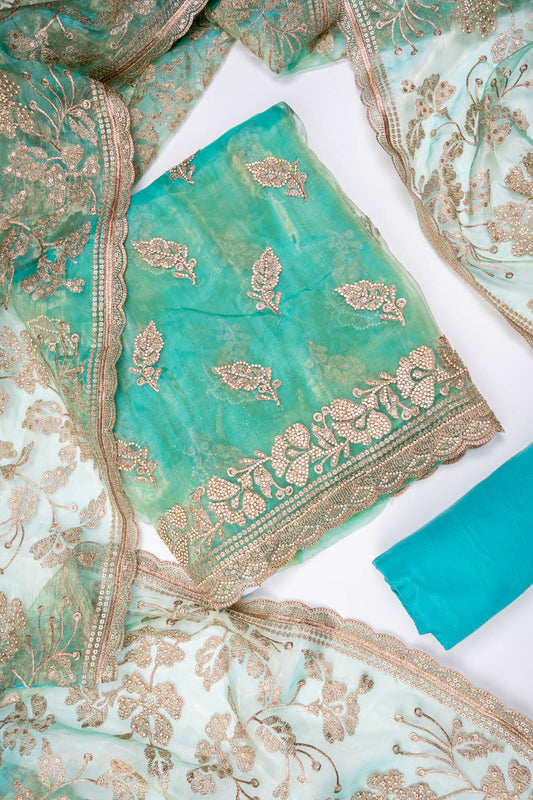 Tea Green Organza Unstitched Salwar Suit With Organza Dupatta