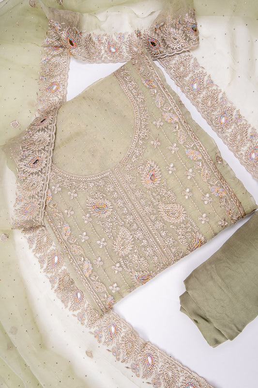 Pista Organza Unstitched Salwar Suit With Organza Dupatta