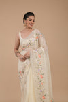 Off White Sequence & Threadwork, Embroidered Organza Saree With Unstitched Blouse