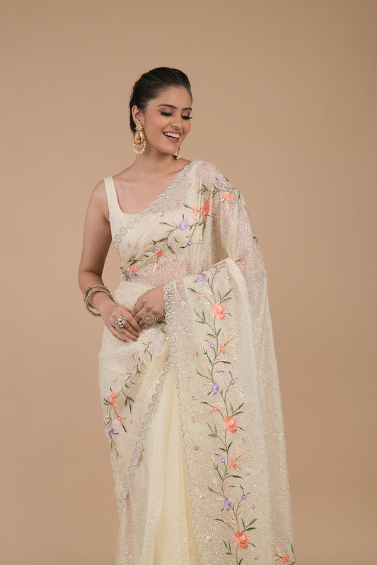 Off White Sequence & Threadwork, Embroidered Organza Saree With Unstitched Blouse