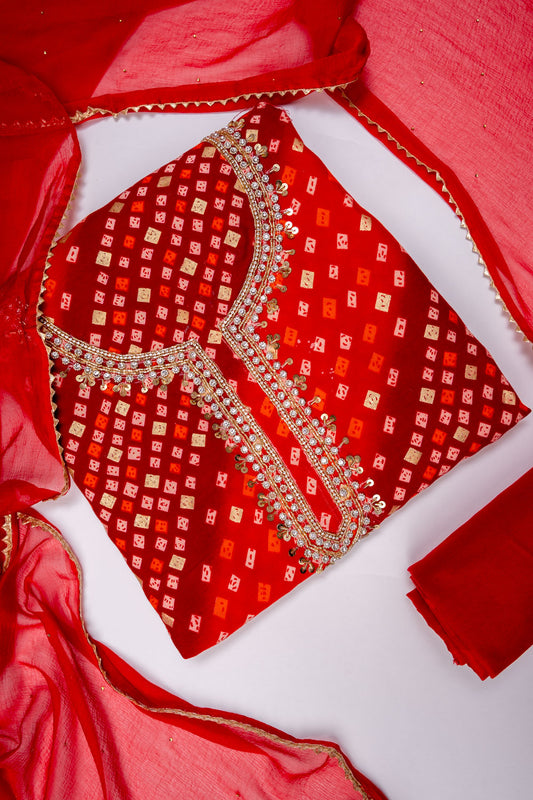 Red Cotton Unstitched Salwar Suit With Chiffon Dupatta