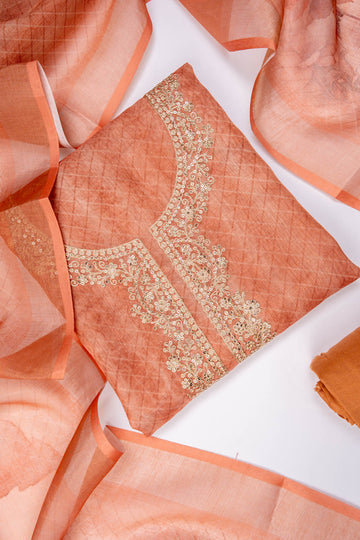 Peach Cotton Unstitched Salwar Suit With Cotton Dupatta