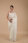 Off White Sequence & Threadwork, Embroidered Designer Organza Saree With Unstitched Blouse