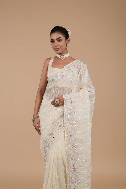 Off White Sequence & Threadwork, Embroidered Designer Organza Saree With Unstitched Blouse