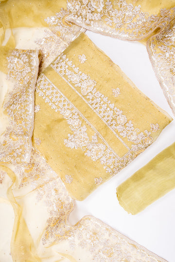 Pista Organza Unstitched Salwar Suit With Organza Dupatta