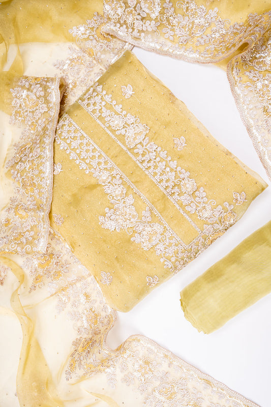 Pista Organza Unstitched Salwar Suit With Organza Dupatta