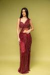 Maroon Net Pre-Draped Designer Saree With Readymade Blouse