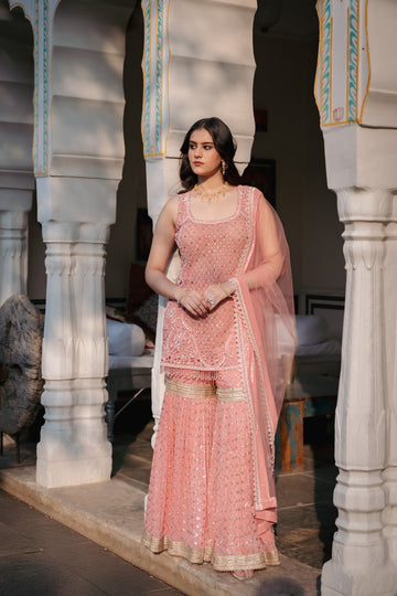 Gajari Georgette Readymade Sharara Set With Net Dupatta