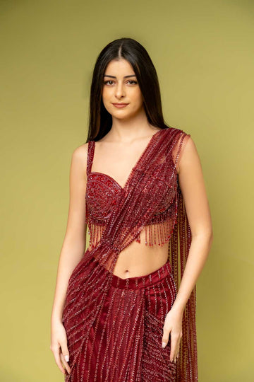 Maroon Net Pre-Draped Designer Saree With Readymade Blouse (Ft:-Kanika Mann)