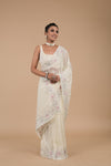 Off White Sequence & Threadwork, Embroidered Designer Organza Saree With Unstitched Blouse