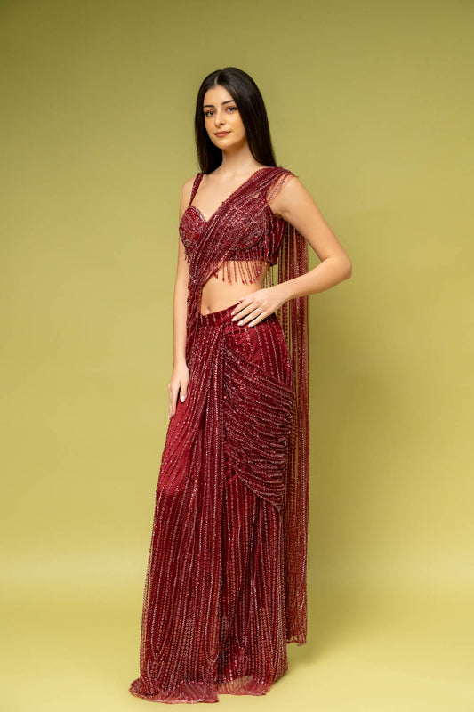 Maroon Net Pre-Draped Designer Saree With Readymade Blouse