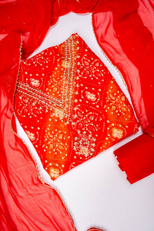 Red Cotton Unstitched Salwar Suit With Chiffon Dupatta