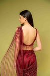 Maroon Net Pre-Draped Designer Saree With Readymade Blouse